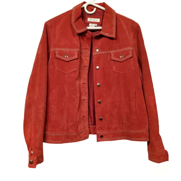 Coldwater creek Women's red suade leather jacket w/ beaded trim, size L - Picture 2 of 6